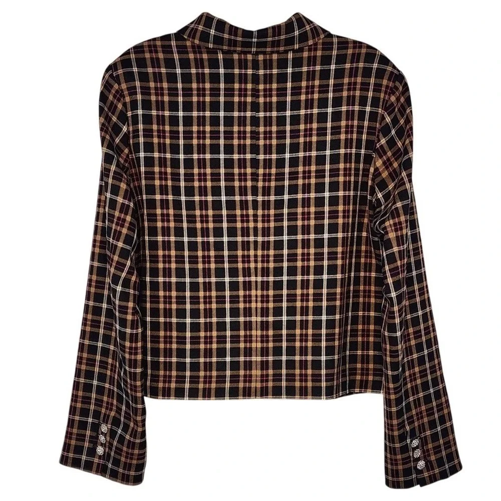 CeCe Plaid Blazer Jacket Black Tan Pink Rhinestone Button Front Women's Large‎ - Picture 7 of 12